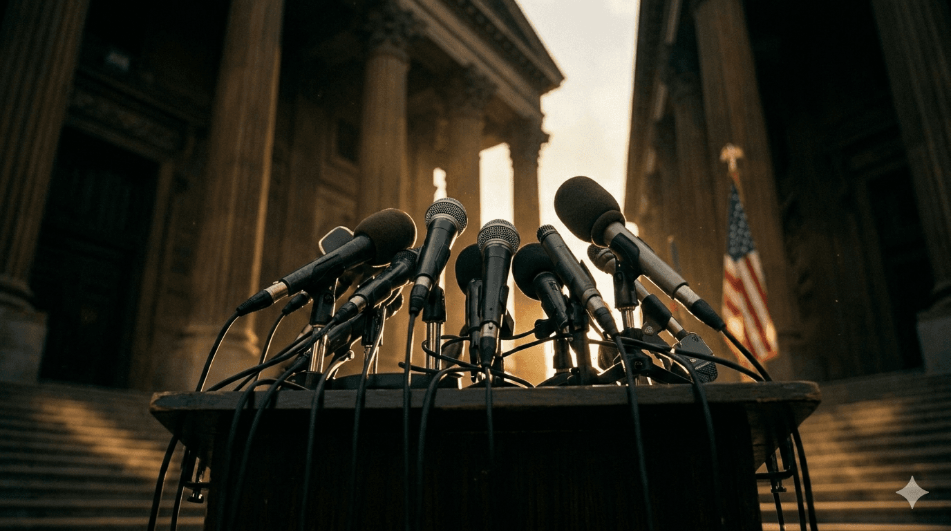 Press microphones outside courthouse